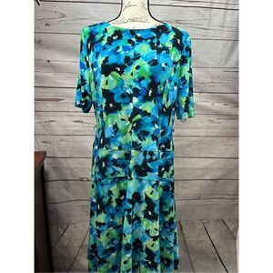 Anne Klein Women's‎ Floral Print Midi Dress Blue Green Black Size 14